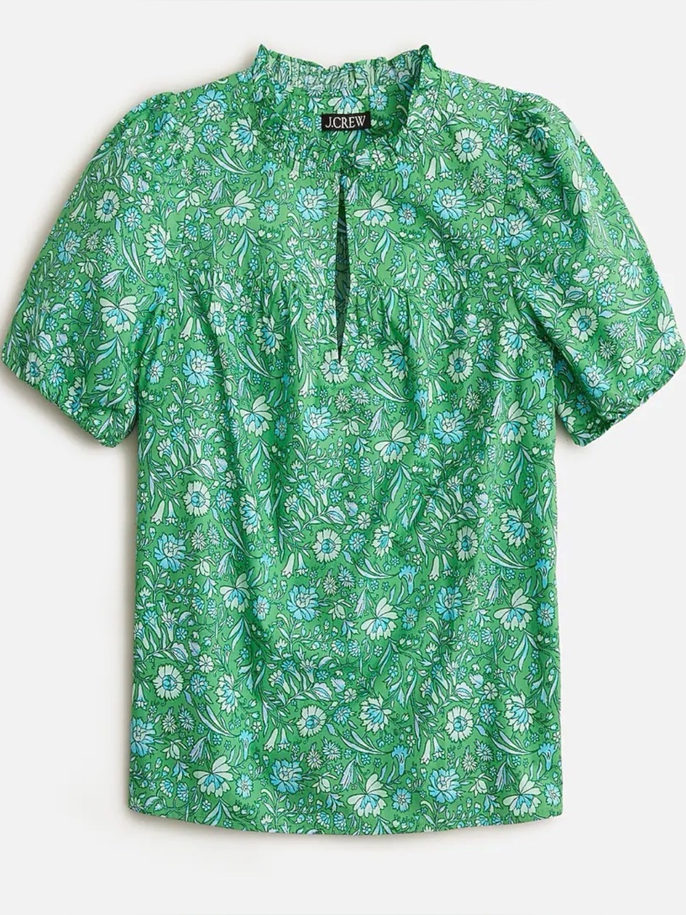 J. Crew - Green & Blue Floral Ruffle Trim Short Sleeve Top Shirt - Size: Small
